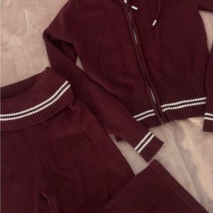 Aeropostale Burgundy Knit Wide Leg Pants & Zip Hoodie Set with White Stripes